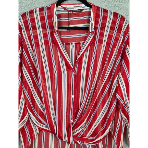 Zara Womens Top Sheer Striped Button Down  XS Red White Blue LS Patriotic Blouse - Picture 3 of 8